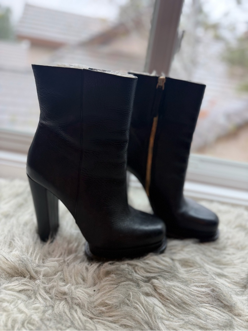 Alice + Olivia Black Leather Platform Ankle Boots with Gold Zip